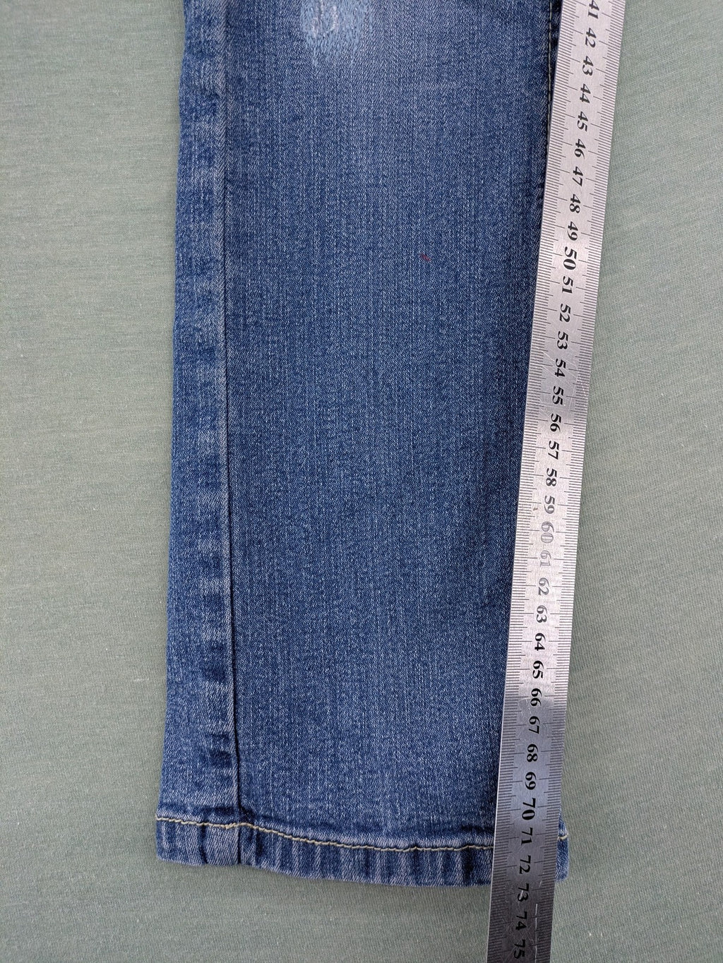 Bamboo blue straight jeans size 158, medium wash, classic 5-pocket style, stretch denim.