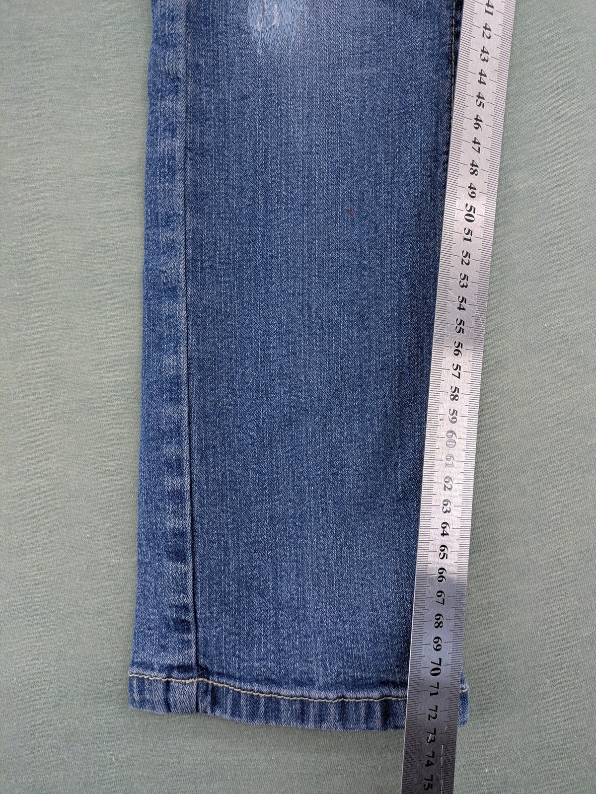 Bamboo blue straight jeans size 158, medium wash, classic 5-pocket style, stretch denim.