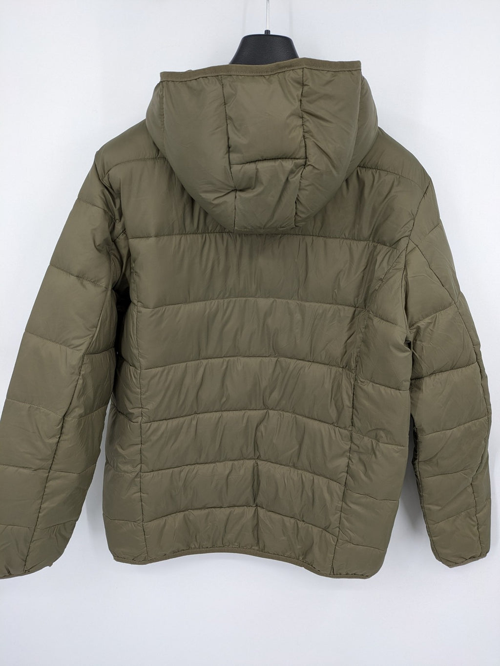 up2 fashion khaki puffer jacket with fixed hood, lightweight quilted design, full zipper