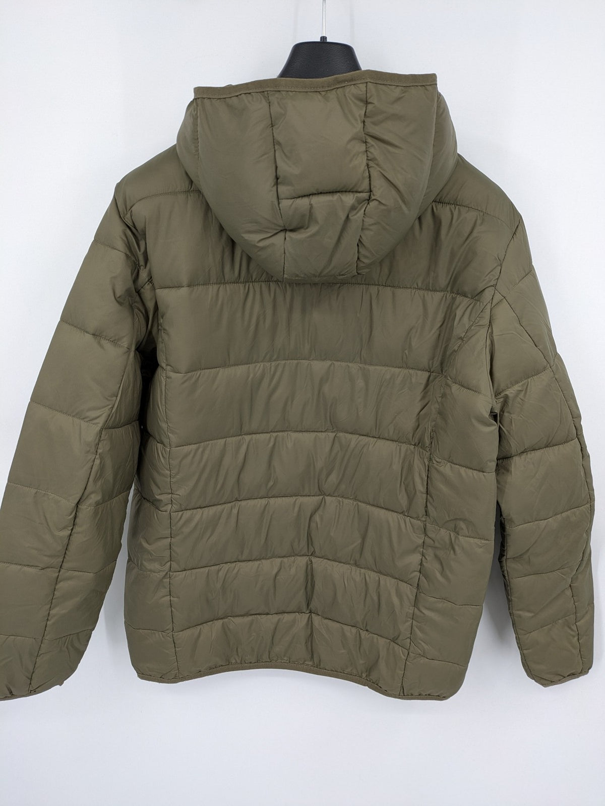 up2 fashion khaki puffer jacket with fixed hood, lightweight quilted design, full zipper