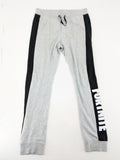 Fortnite pants grey with black side stripes and large logo print, cotton blend material.