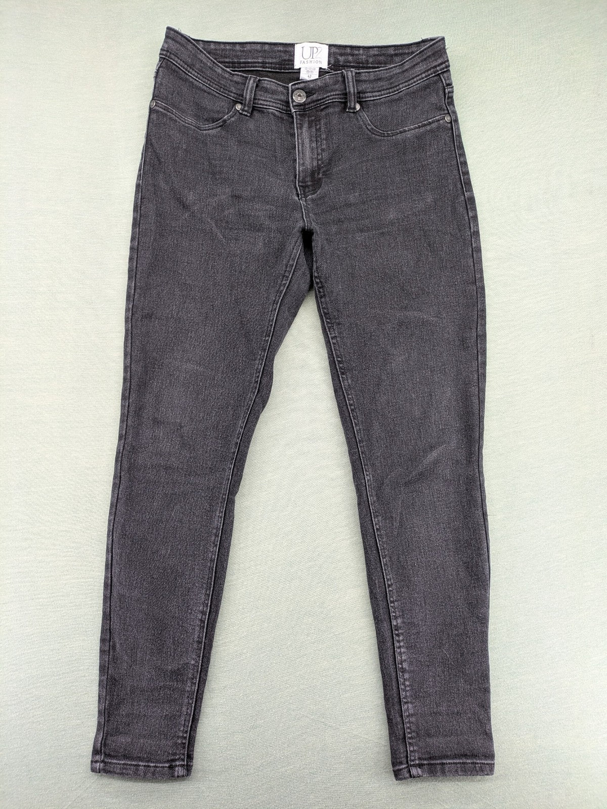 up2 fashion grey skinny jeans with rhinestone embellishments on back pockets