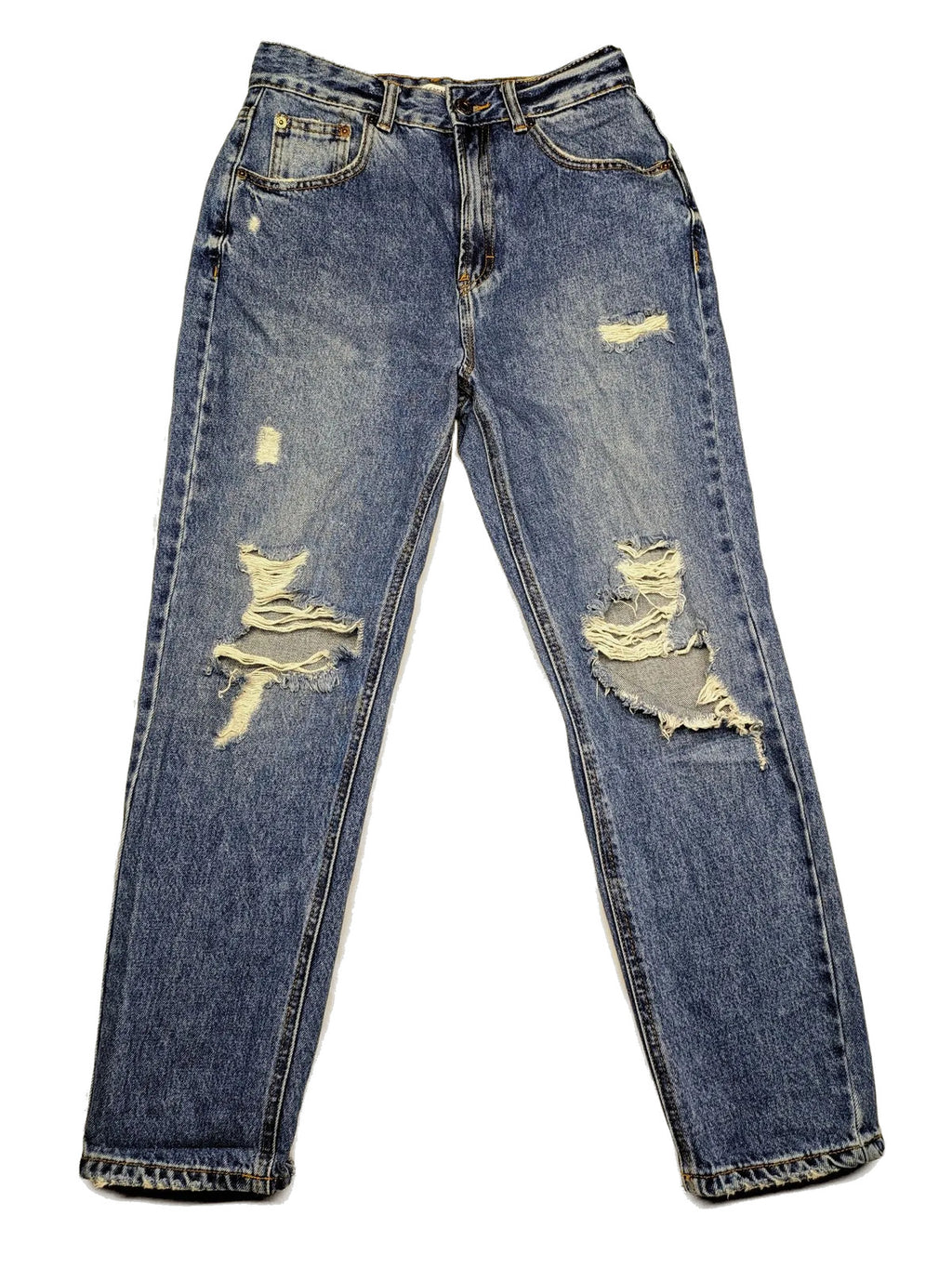 Pull&Bear blue mom jeans high-waist with distressed rips and 100% cotton fabric.