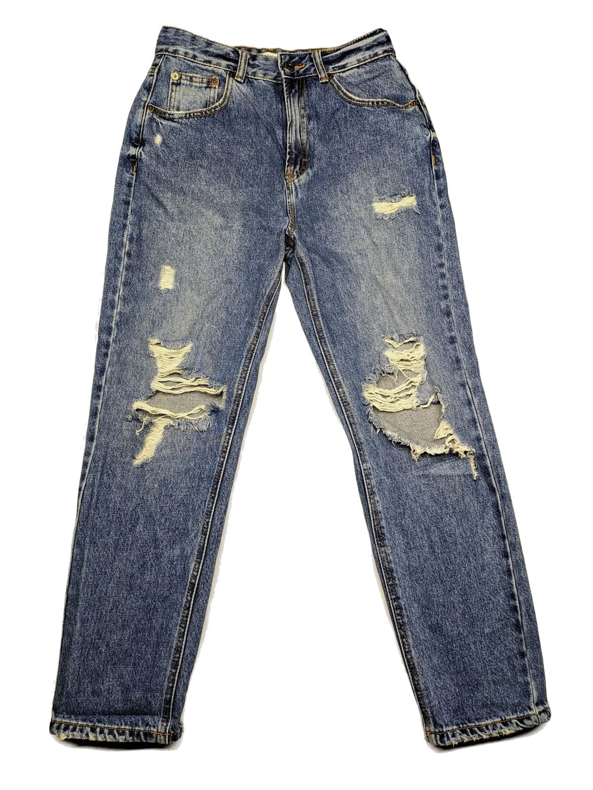 Pull&Bear blue mom jeans high-waist with distressed rips and 100% cotton fabric.