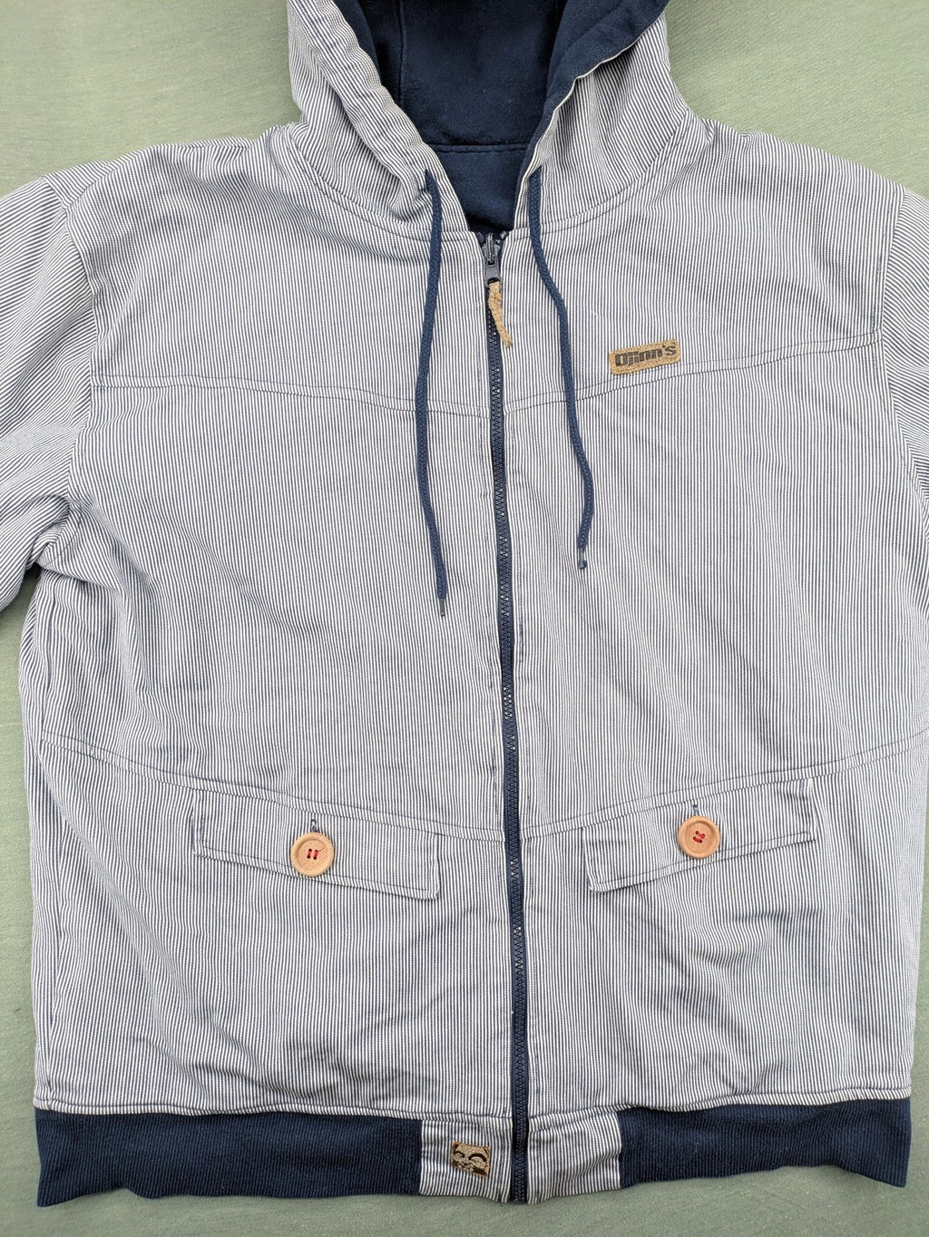 Djinns grey navy striped hoodie full zip with wooden button details and logo patches.