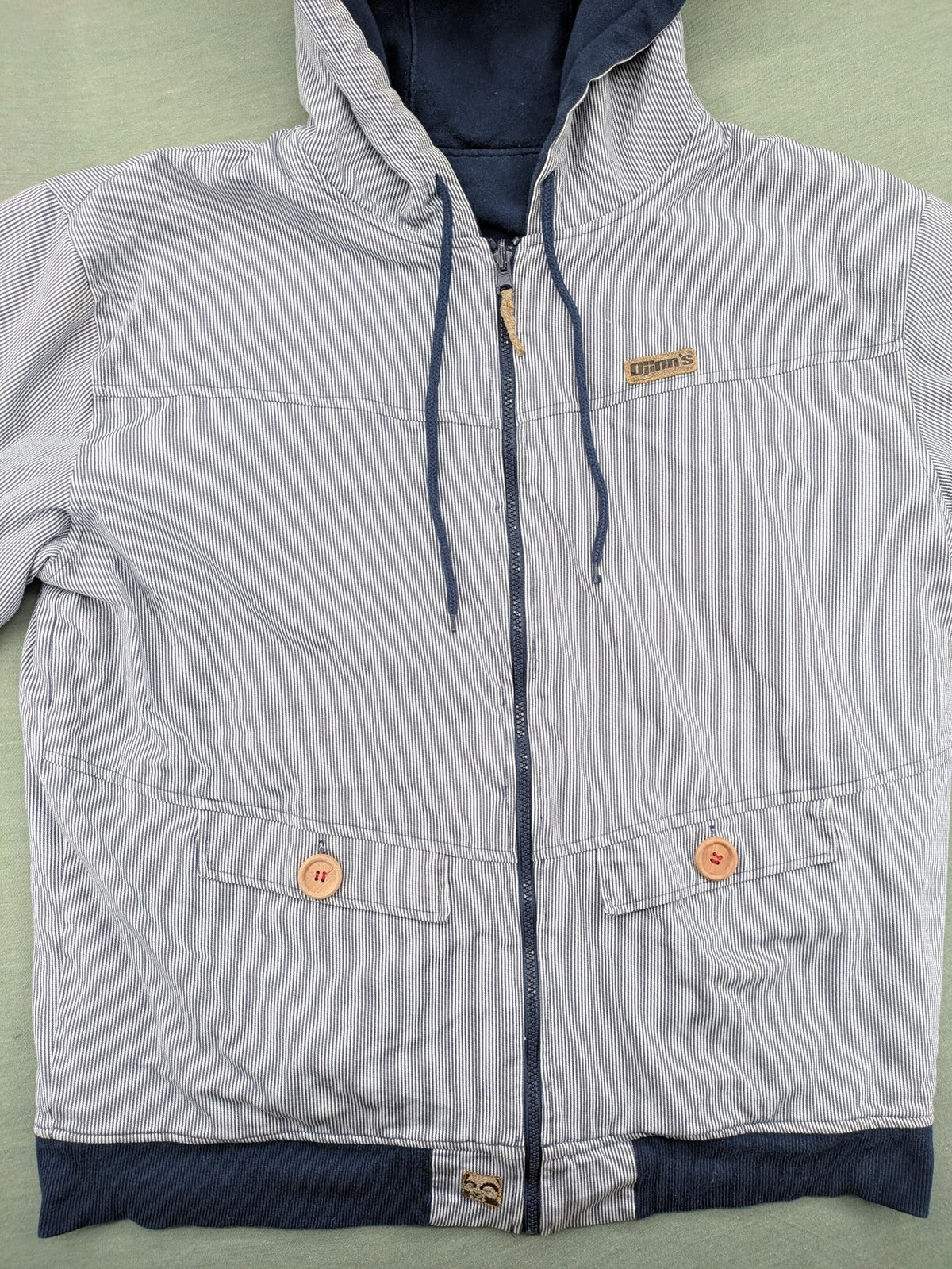 Djinns grey navy striped hoodie full zip with wooden button details and logo patches.