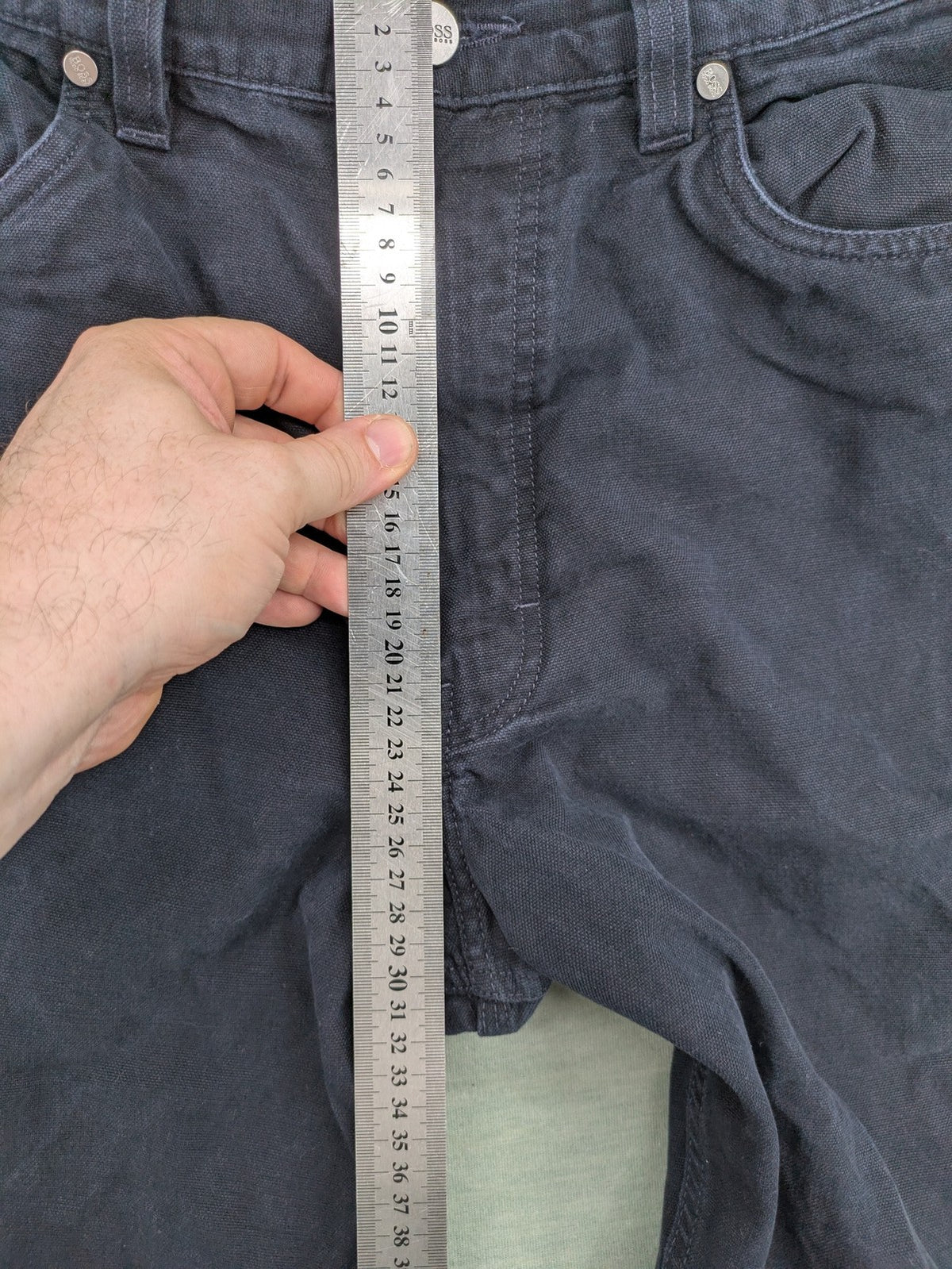 BOSS Hugo Boss grey straight jeans classic 5-pocket design with leather patch.