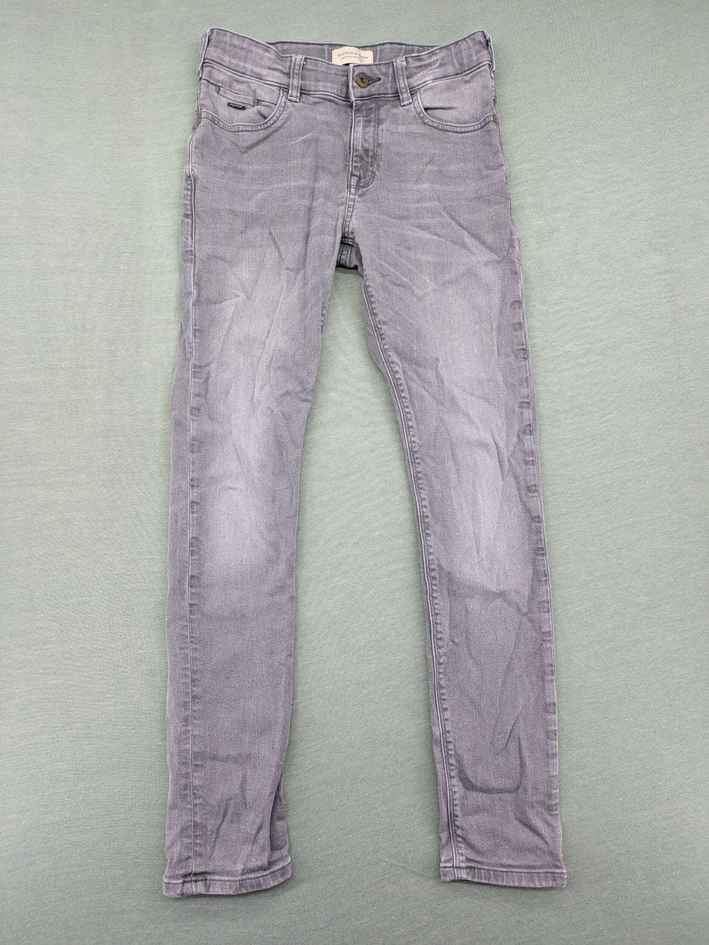 Scotch & Soda grey straight jeans with classic five-pocket design and logo patch.