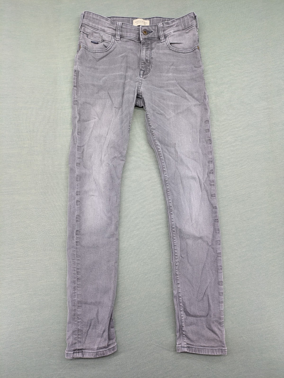Scotch & Soda grey straight jeans with classic five-pocket design and logo patch.