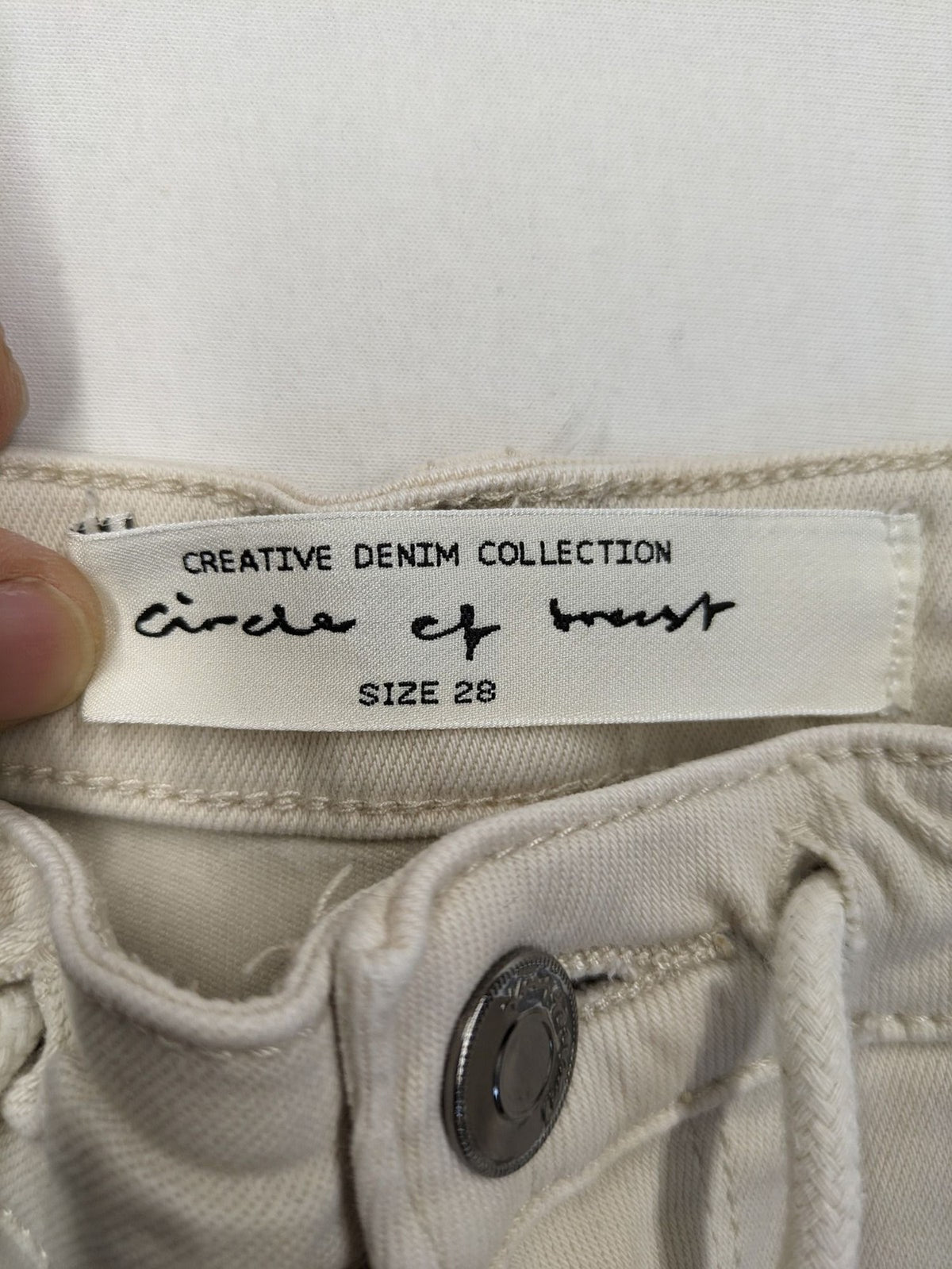 Circle Of Trust beige straight jeans with elastic waistband, drawstring, and classic 5-pocket design.