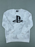 PlayStation grey sweatshirt with white logo and camo pattern featuring controller symbols.
