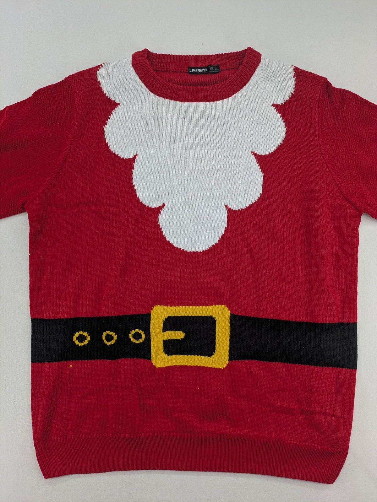 Livergy red turtle neck jumper festive Santa design with white collar and belt pattern.