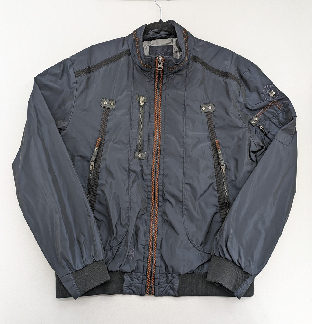 Radloff grey navy bomber jacket with orange contrast stitching and zippered pockets.