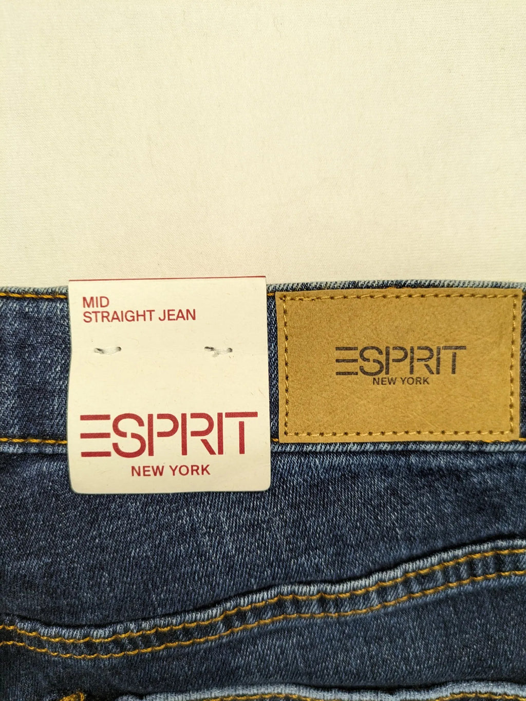 Esprit blue straight leg jeans mid rise 5-pocket design with zipper, dark wash.