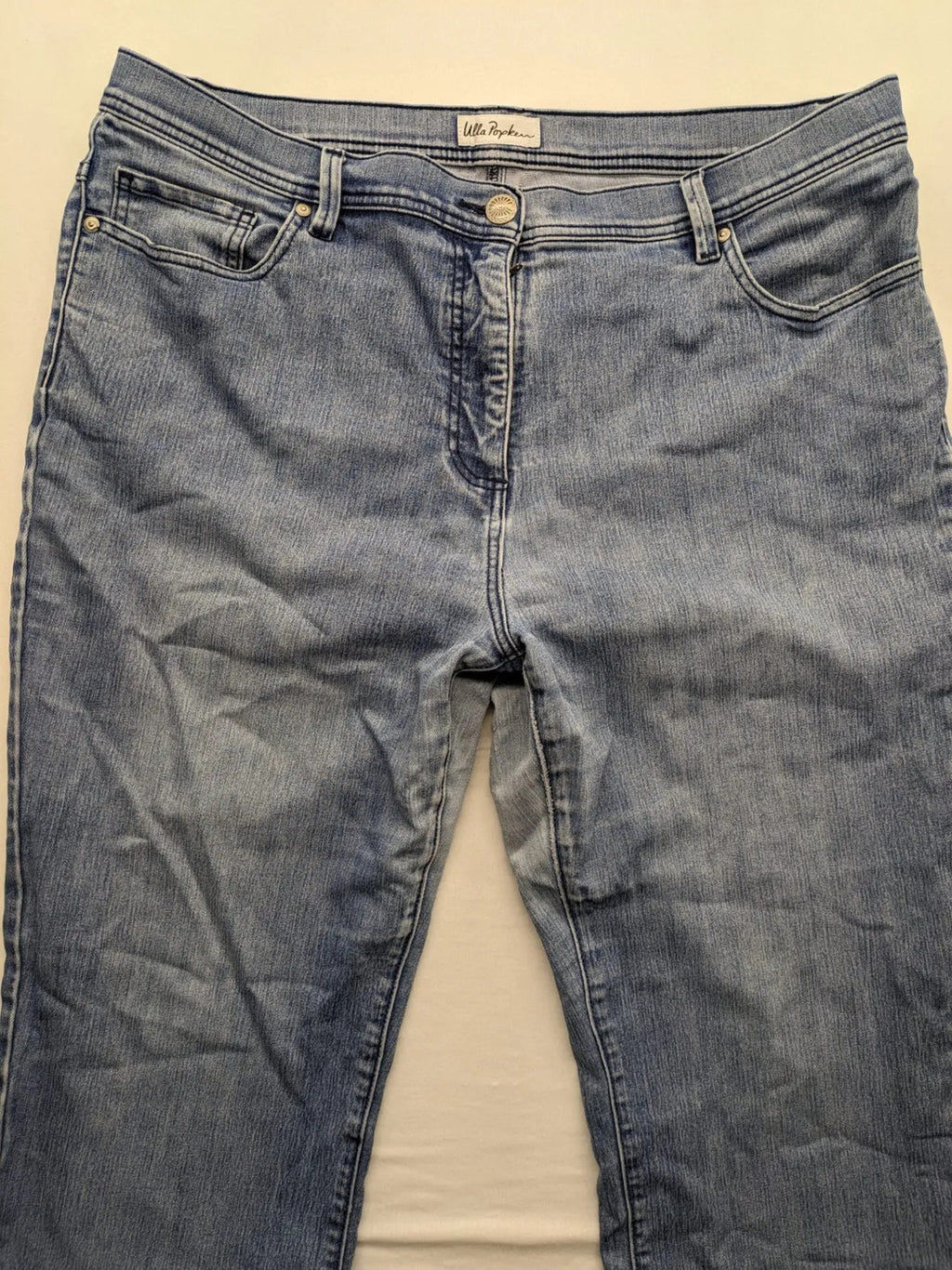 Angels blue straight jeans with five-pocket design and vertical front seams.