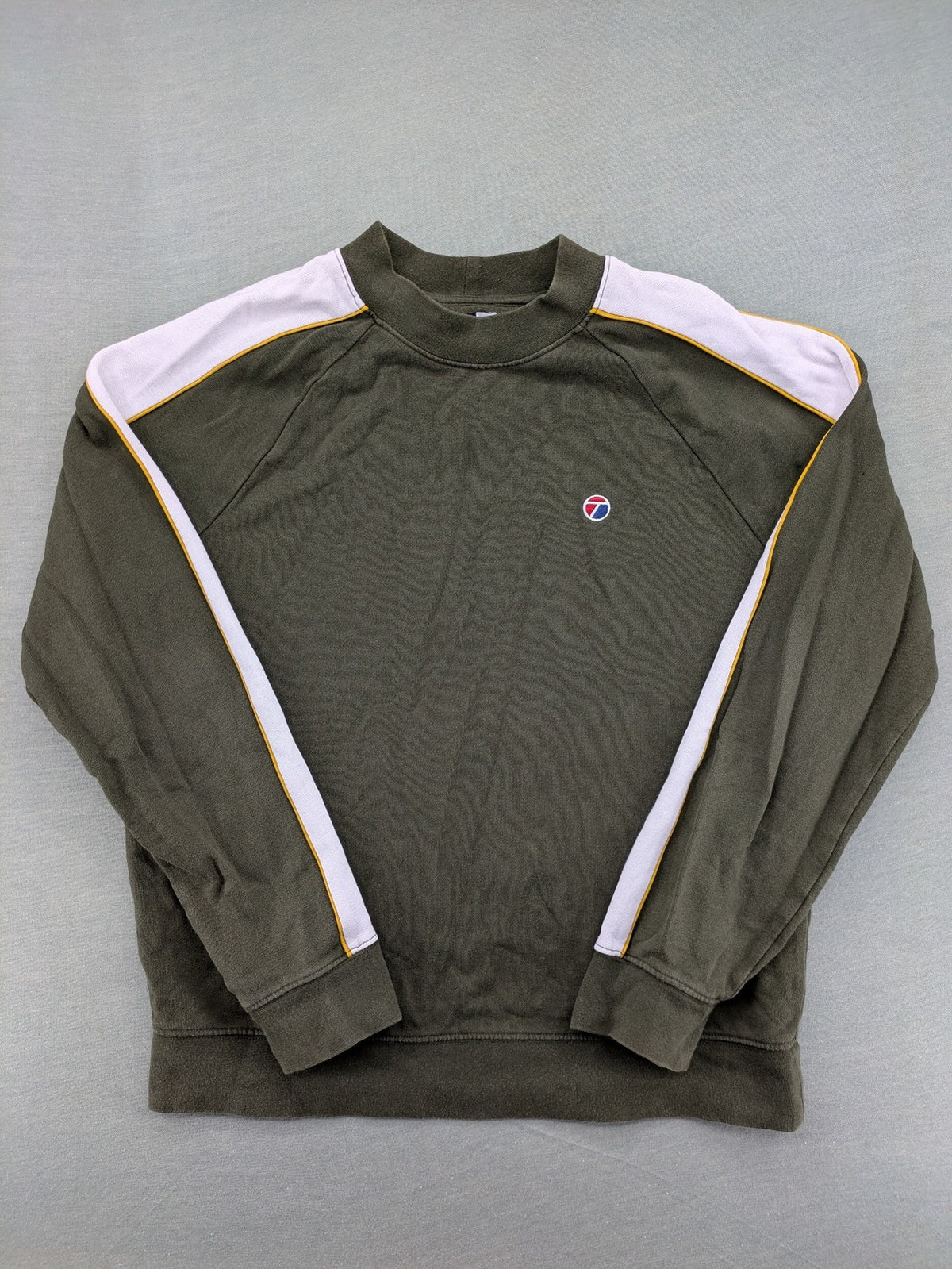Topman green turtle neck jumper with white colorblock and yellow piping, embroidered logo.