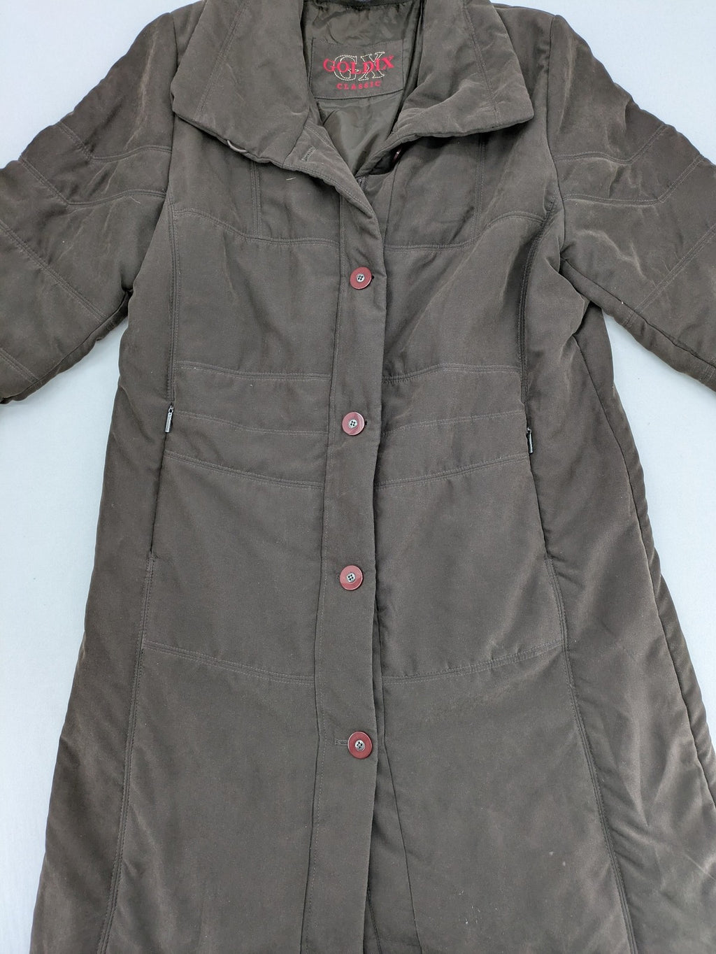 Goldix brown puffer coat size 46, button closure, padded design, classic style.