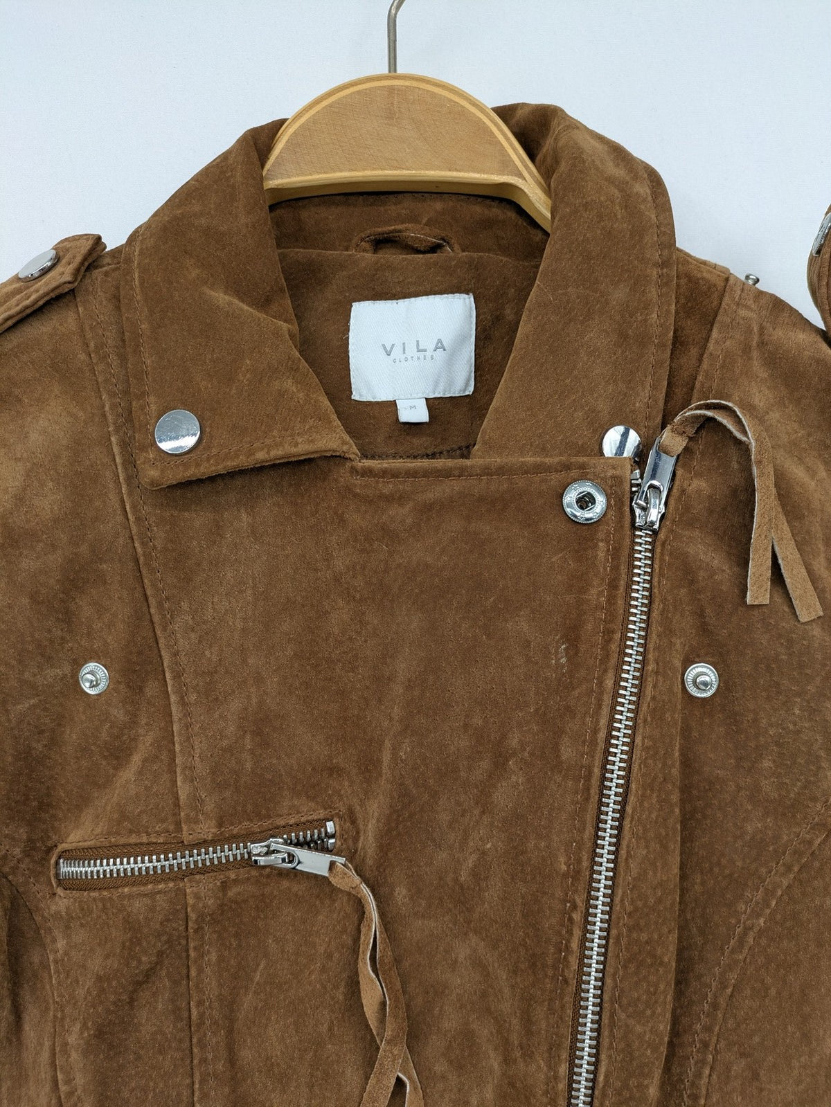 Vila brown biker jacket Vicris soft suede asymmetric zipper metal details