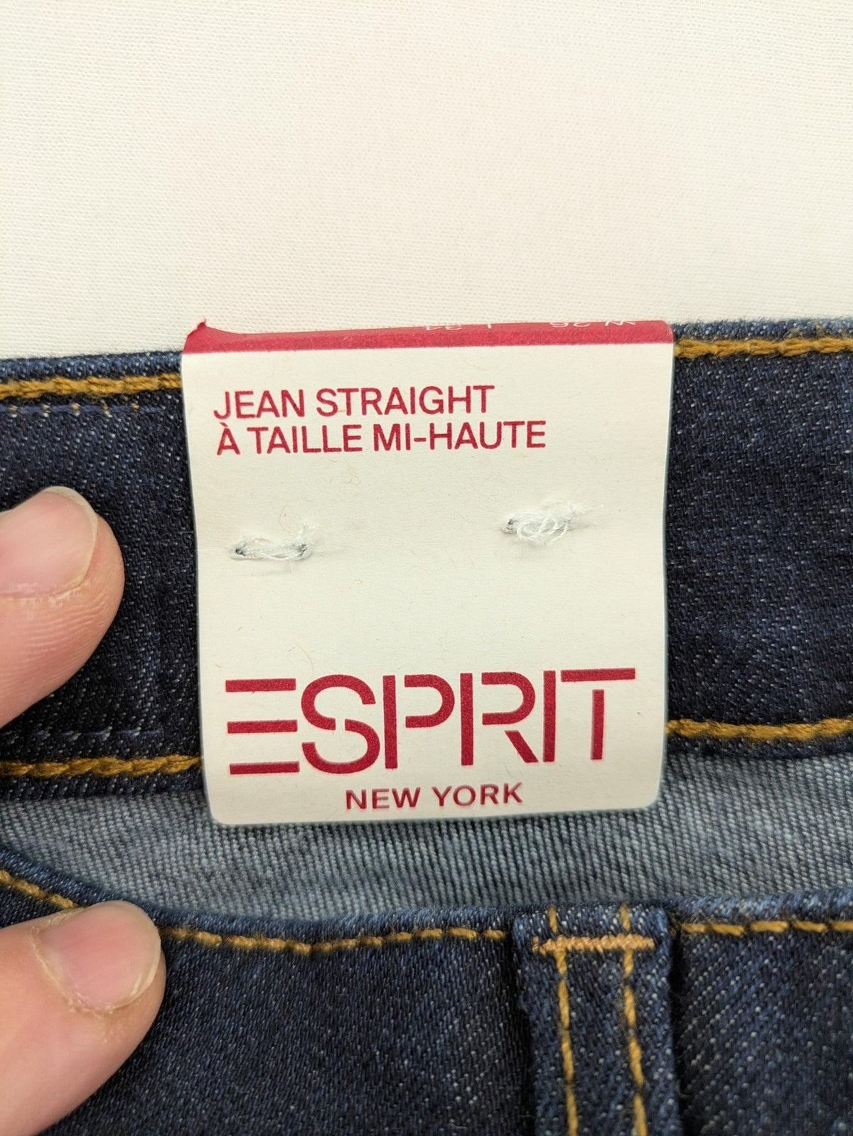 Esprit blue straight leg jeans with contrasting stitching and mid-rise fit.