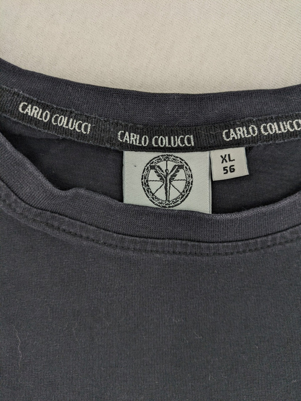Carlo Colucci grey t-shirt with embroidered logo on chest and brand label details.