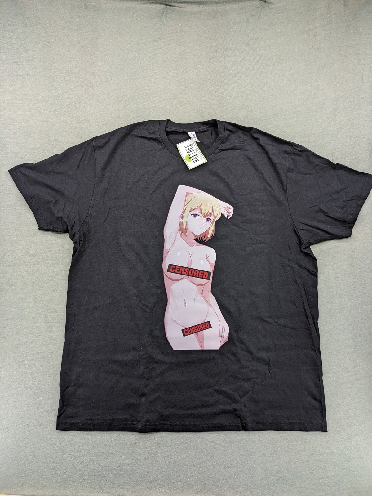 JHK multi graphic t-shirt featuring anime girl with "Censored" bars, 100% cotton.