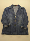Zala blue denim blazer jacket with embroidered details and classic button closure.