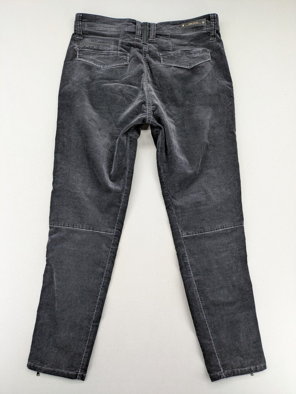 Mac Jeans grey cargo pants soft corduroy biker style with zipper details.