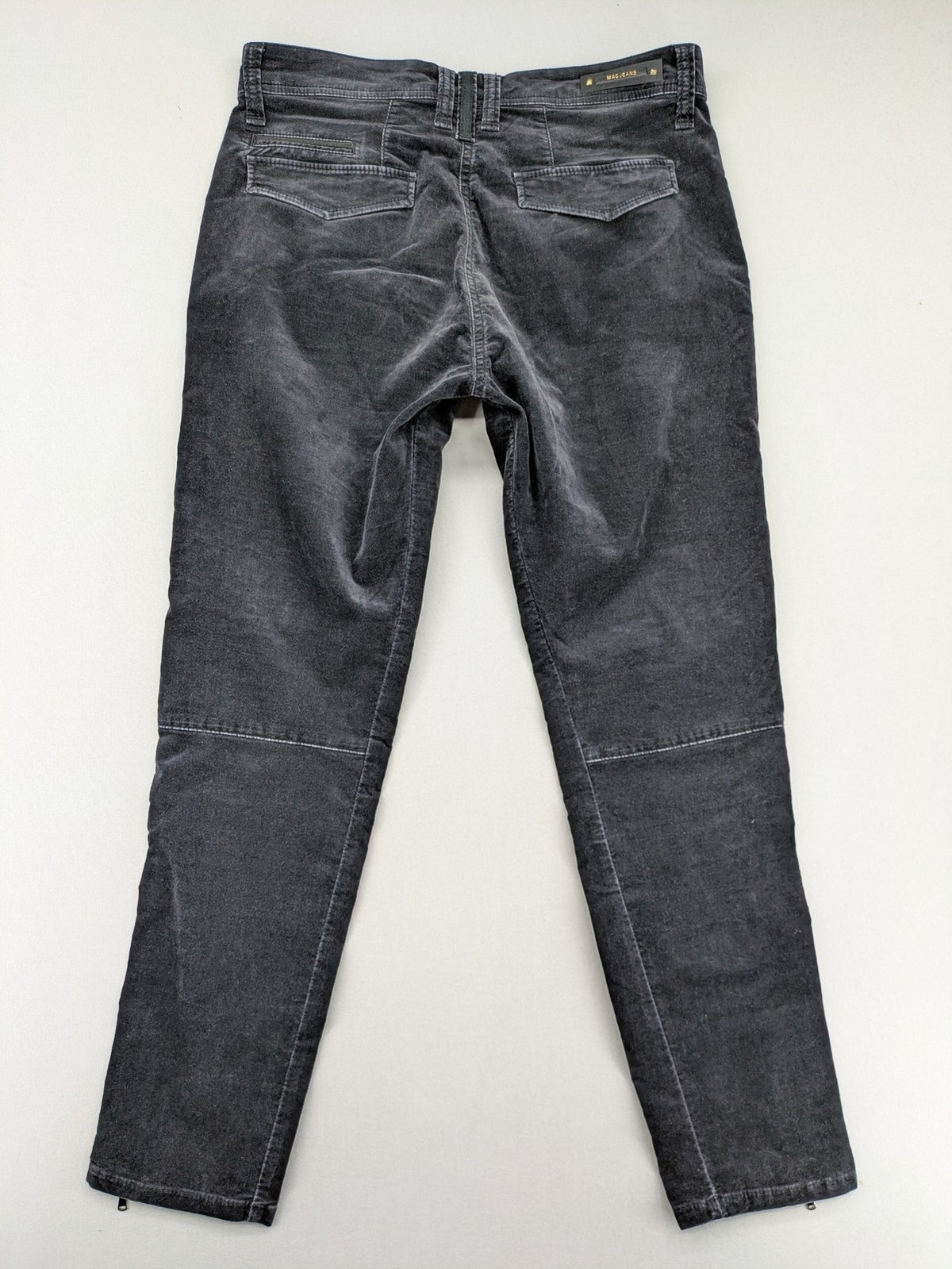 Mac Jeans grey cargo pants soft corduroy biker style with zipper details.