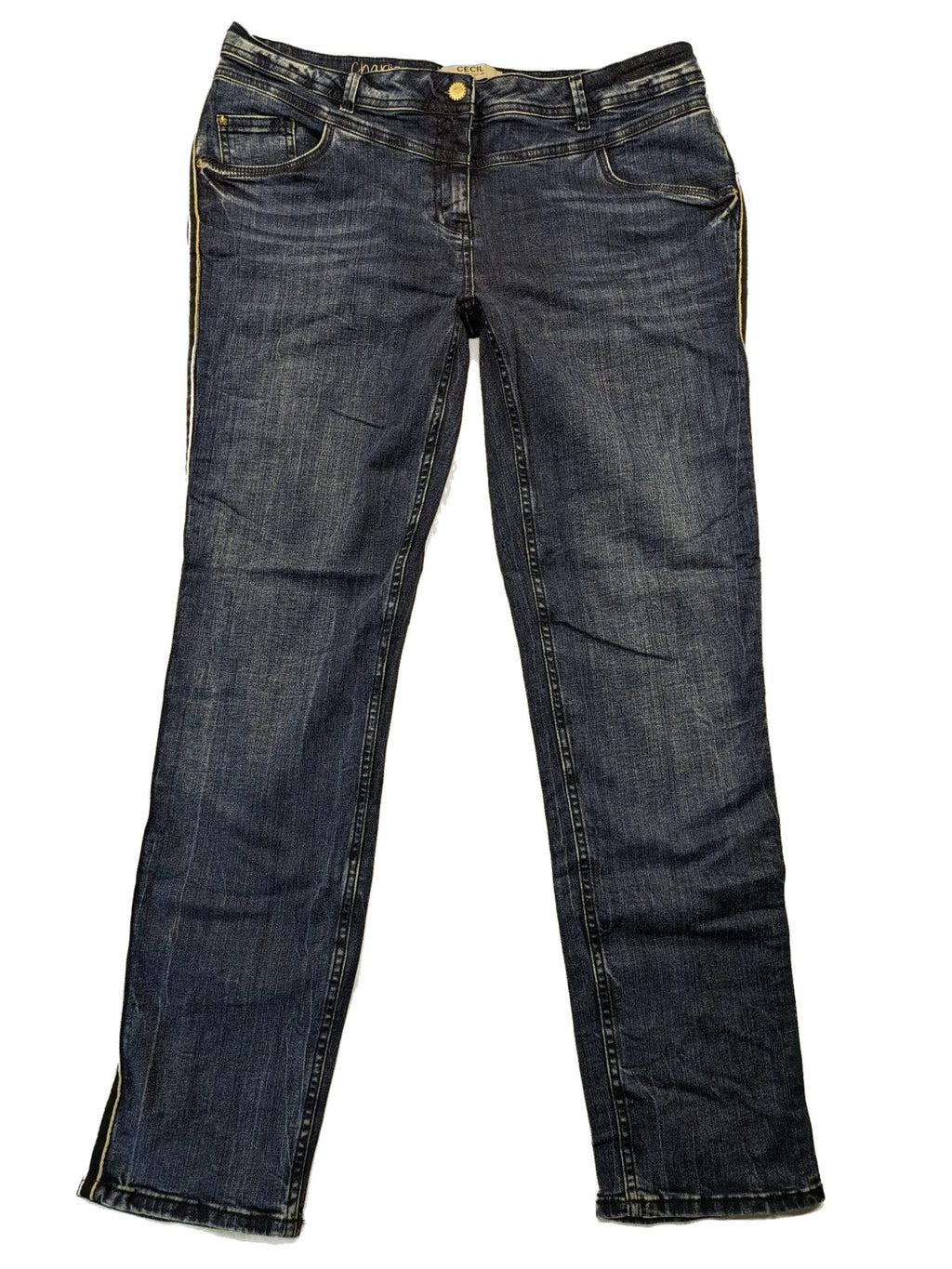 Cecil blue straight jeans with grey side stripe, five-pocket style, stretch denim.