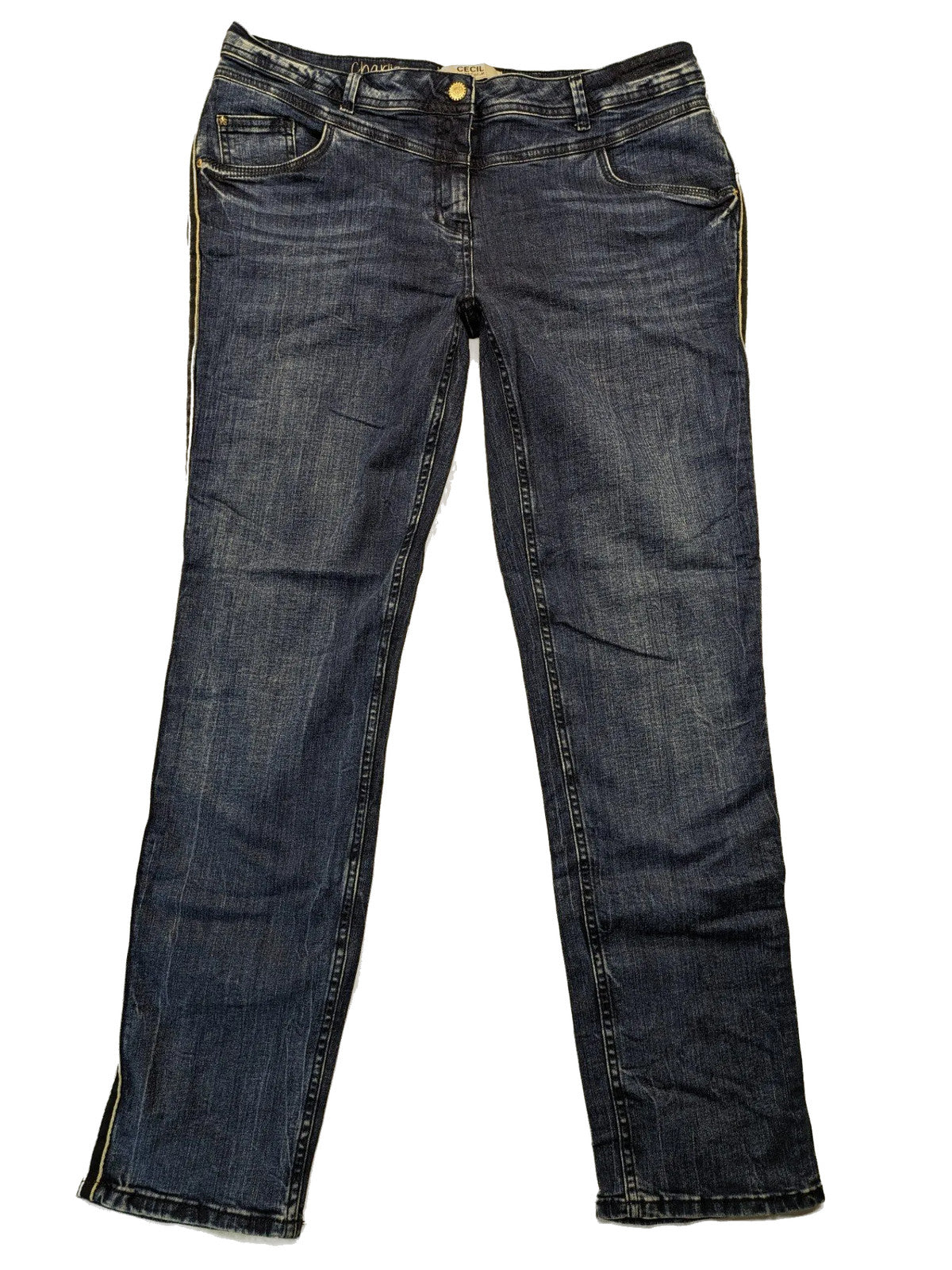Cecil blue straight jeans with grey side stripe, five-pocket style, stretch denim.