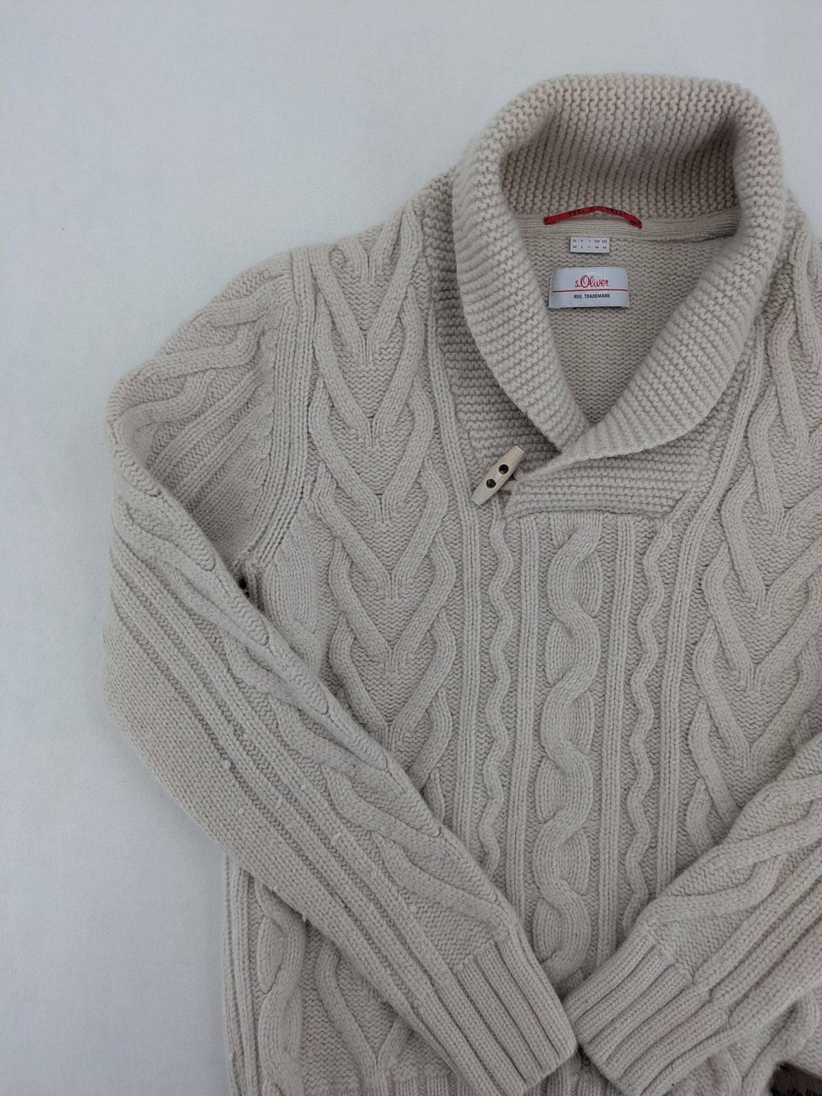 s.Oliver beige turtle neck jumper with cable knit pattern and toggle button detail