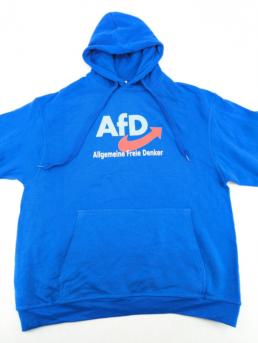 AFD blue pullover hoodie "Allgemeine Freie Denker" graphic, soft cotton-polyester blend.