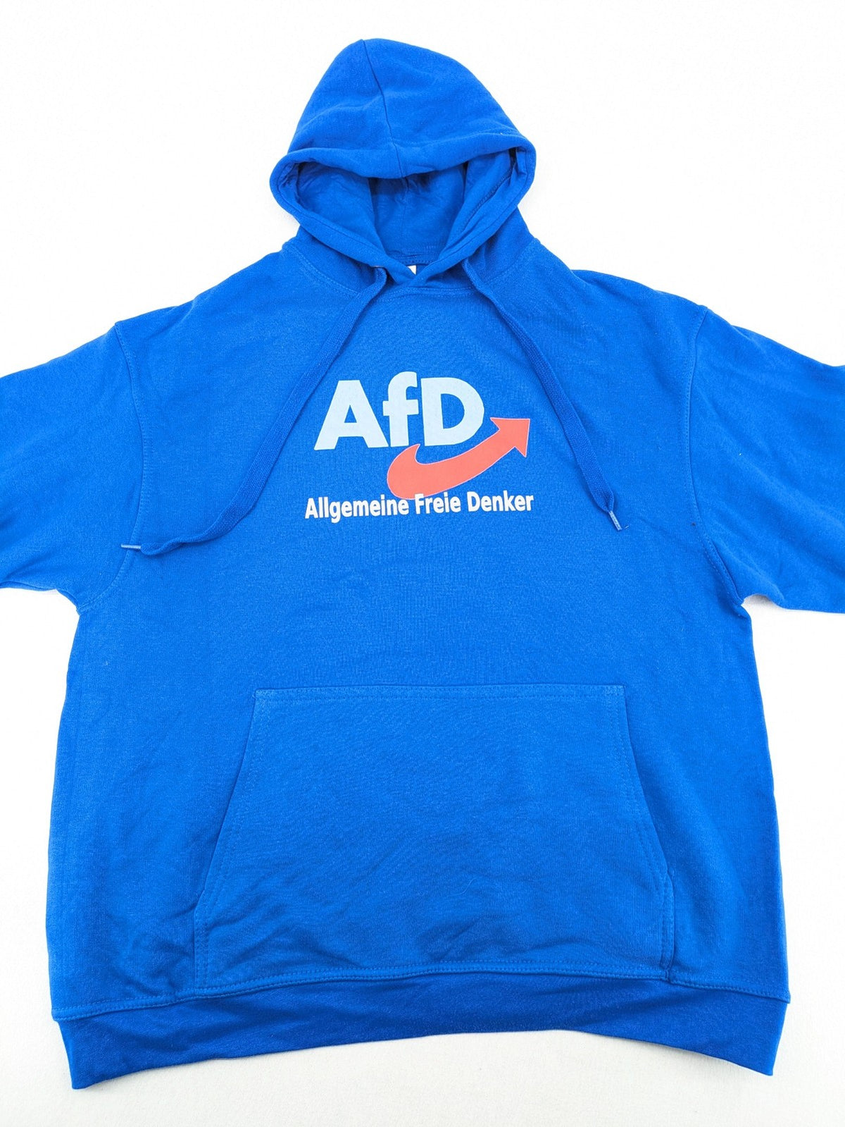 AFD blue pullover hoodie "Allgemeine Freie Denker" graphic, soft cotton-polyester blend.