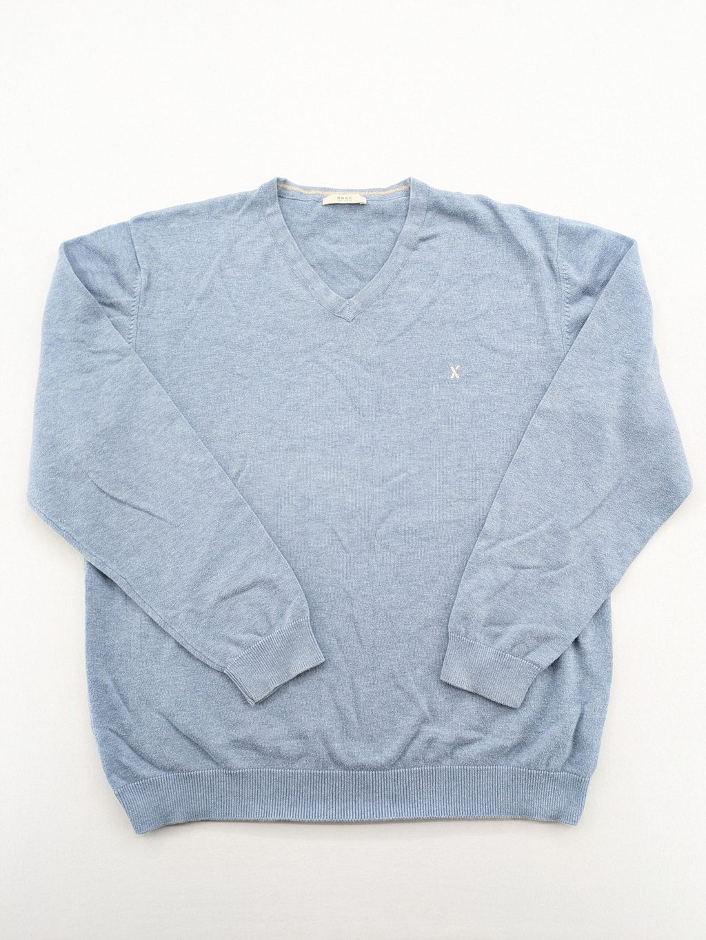 BRAX blue turtle neck jumper with V-neck and subtle "X" logo embroidery.