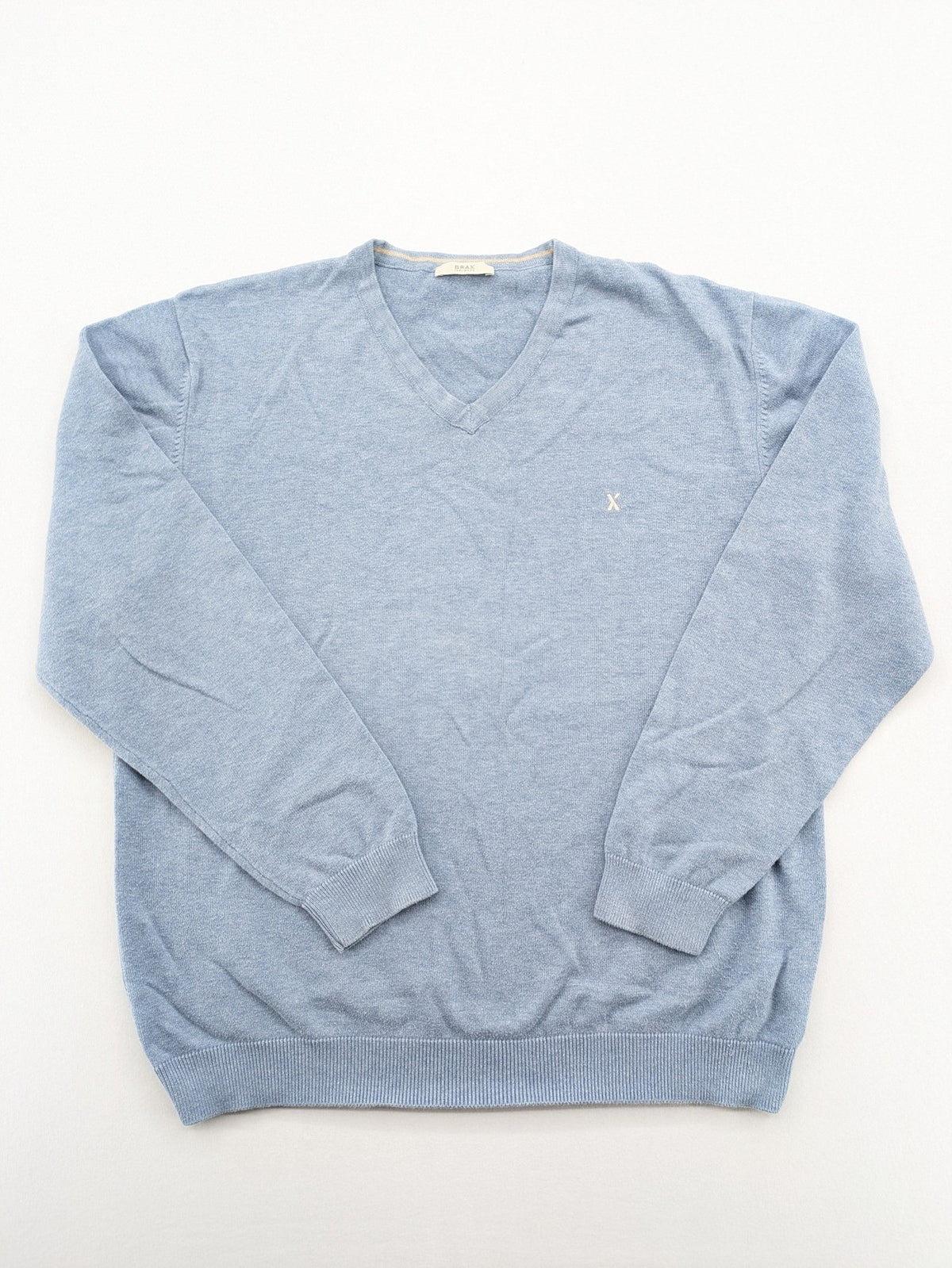 BRAX blue turtle neck jumper with V-neck and subtle "X" logo embroidery.