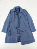 DeFacto blue trench coat with classic lapels and matching self-tie belt.