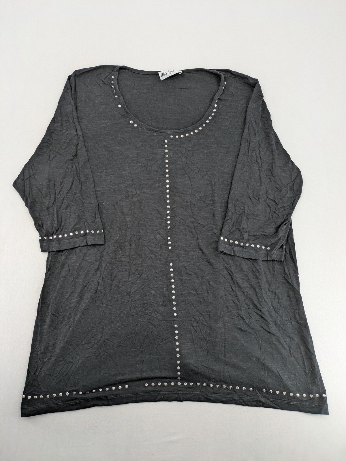 Ulla Popken grey tunic top with silver stud embellishments and 3/4 sleeves.