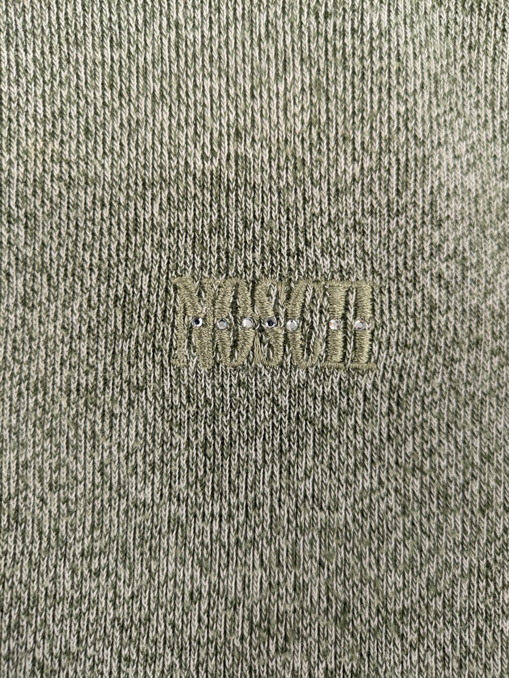 NOSCH knit jumper grey textured fabric with embroidered logo and subtle rhinestone accents.