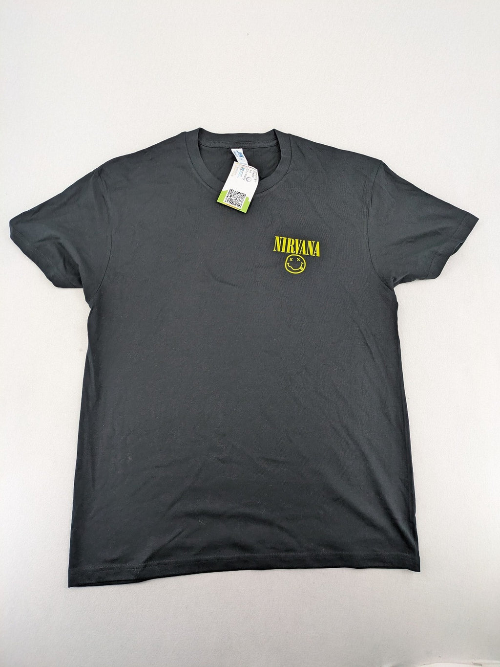 Smiley grey band t-shirt featuring yellow Nirvana smiley face logo on chest.