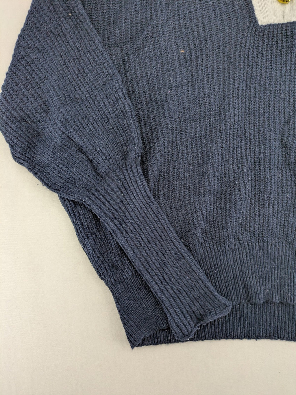 Dazy navy turtle neck jumper with contrasting collar and gold heart button detail.