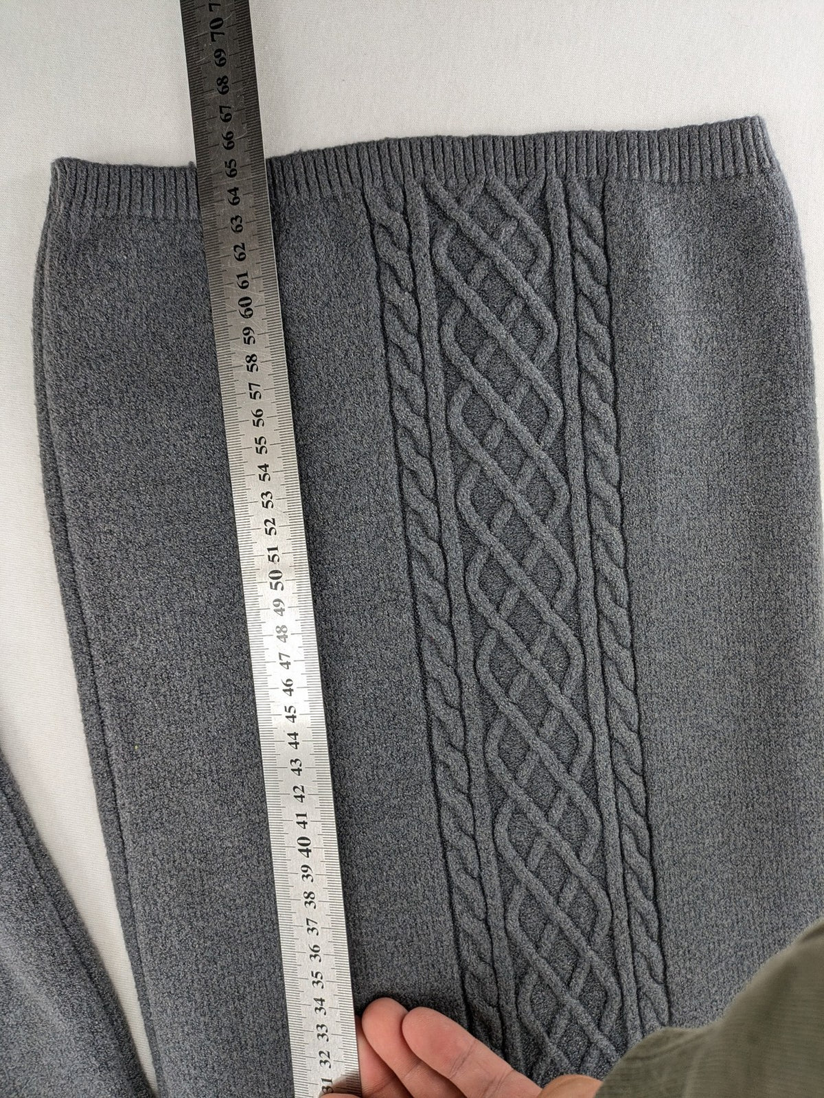 Grey pants with cable knit pattern, wide leg, ribbed waistband, 100% polyester.