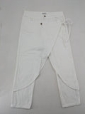 New Collection white straight jeans asymmetrical wrap design with side lacing and cotton-stretch material.