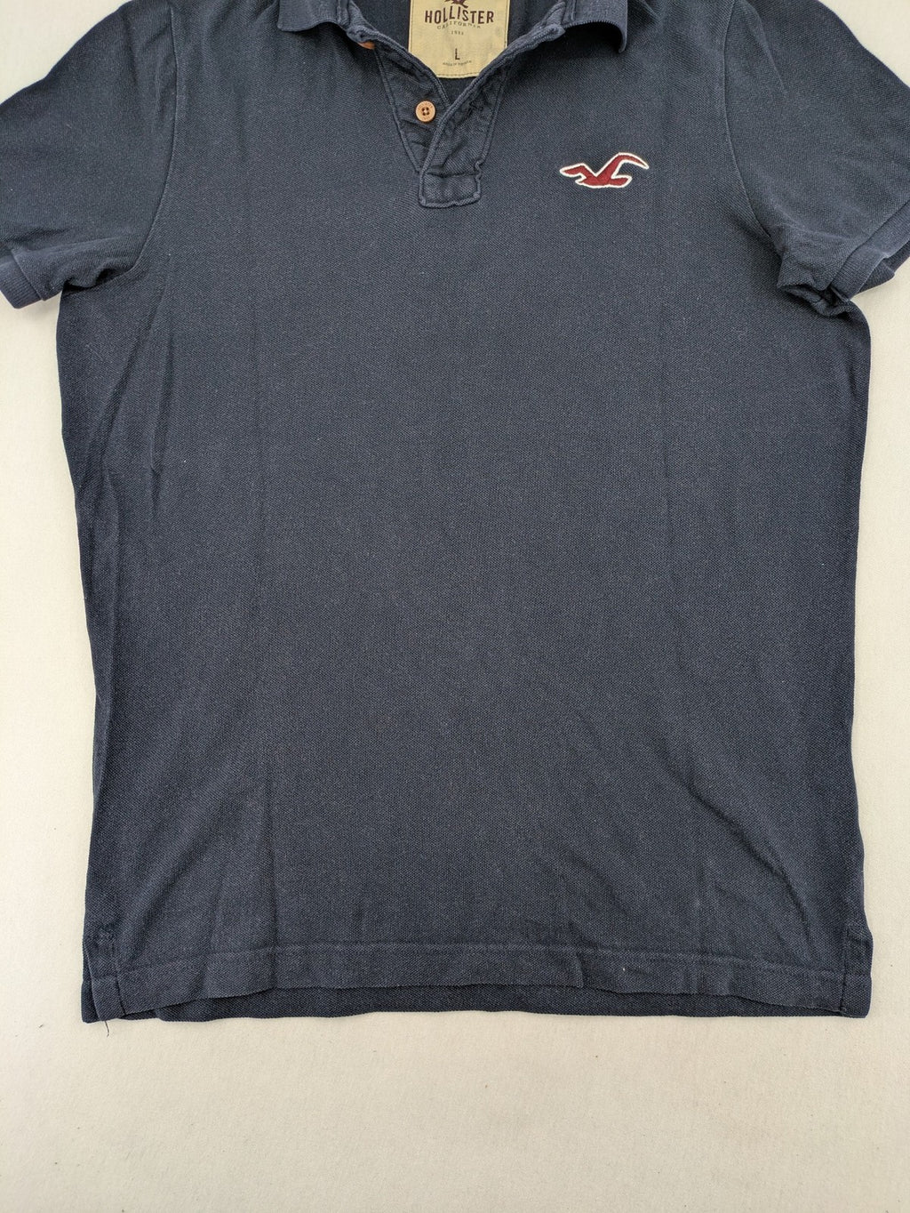 Hollister navy polo shirt with embroidered seagull logo and classic collar.