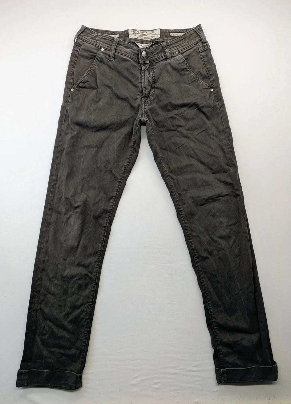 Jacob Cohen black straight jeans with leather logo patch and zip fly, size 32.