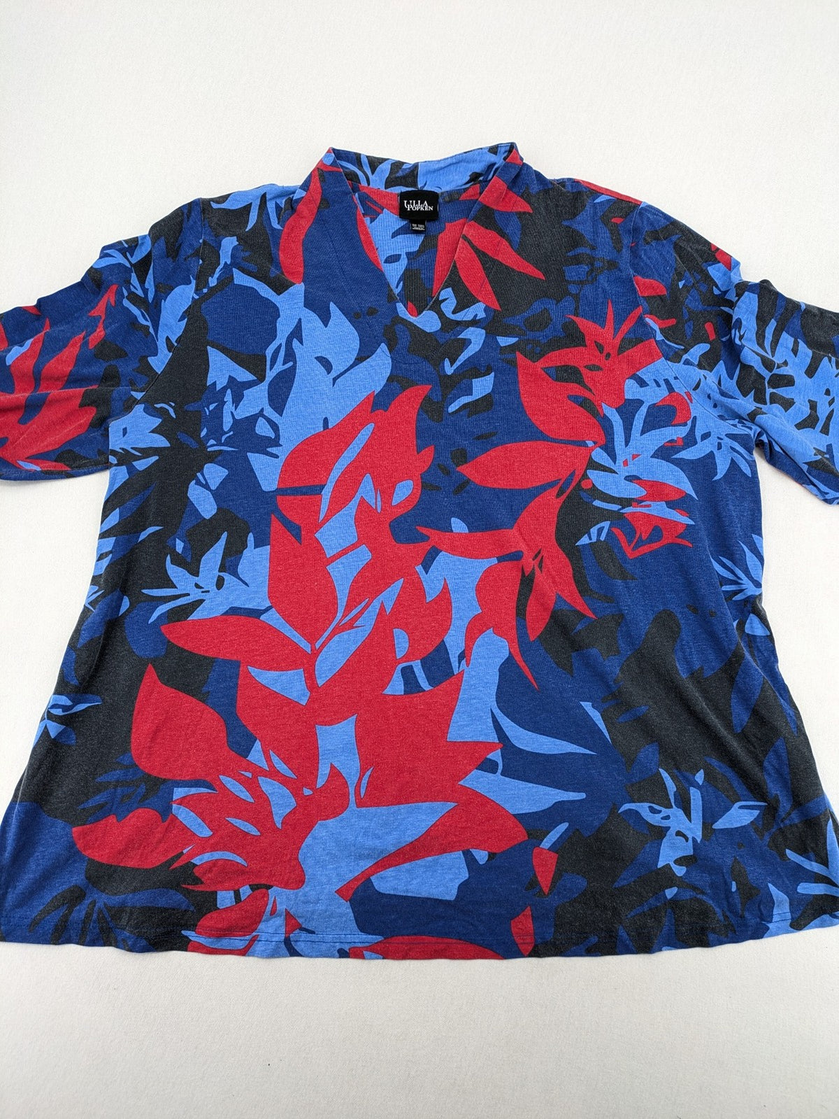 Ulla Popken blue top with floral print, V-neck, 3/4 sleeves, soft cotton blend.