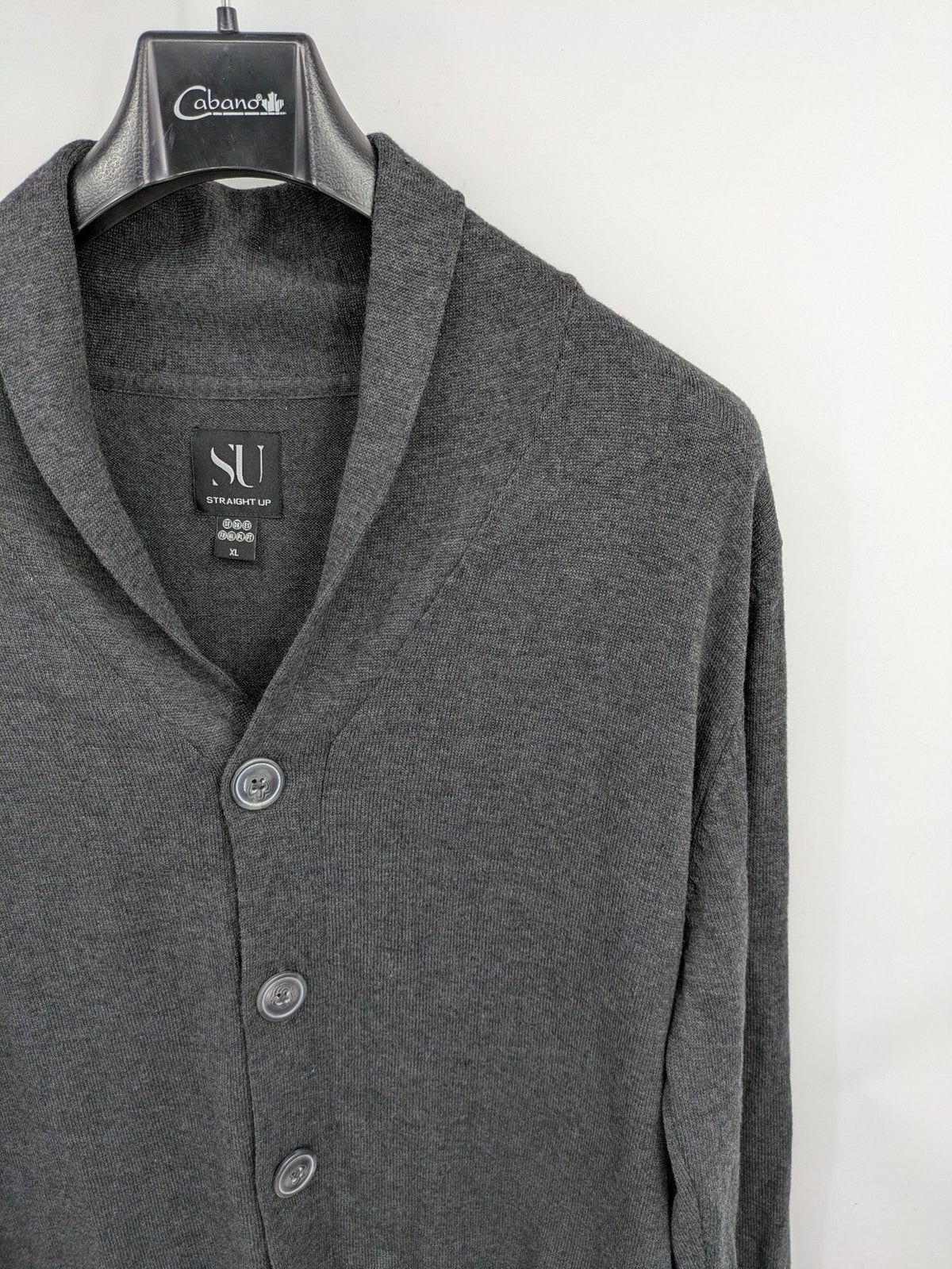 Straight Up grey cardigan with shawl collar, button front, soft cotton-acrylic blend.