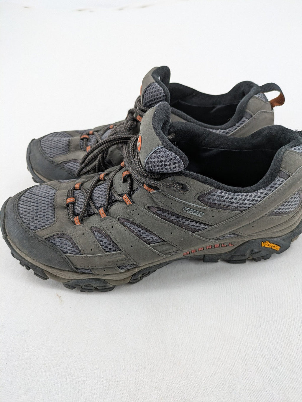 Merrell grey hiking shoes with Gore-Tex membrane and Vibram sole for traction.