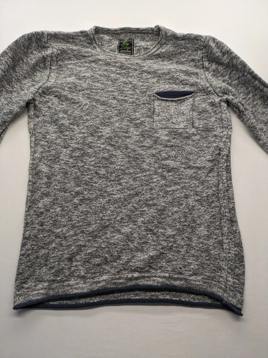 Key Largo grey turtle neck jumper with blue accents and chest pocket, cotton blend.