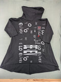 MEGI Collection black hoodie dress with graphic print and asymmetrical high-low hem.