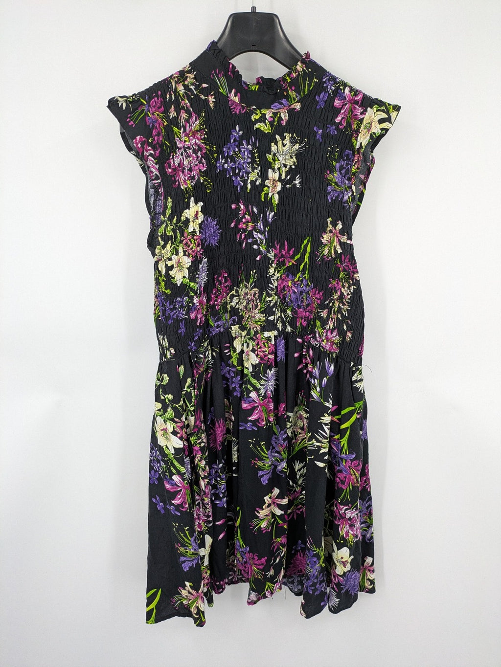 Bridal Party Dress multi floral pattern black background smocked bodice with stand-up collar